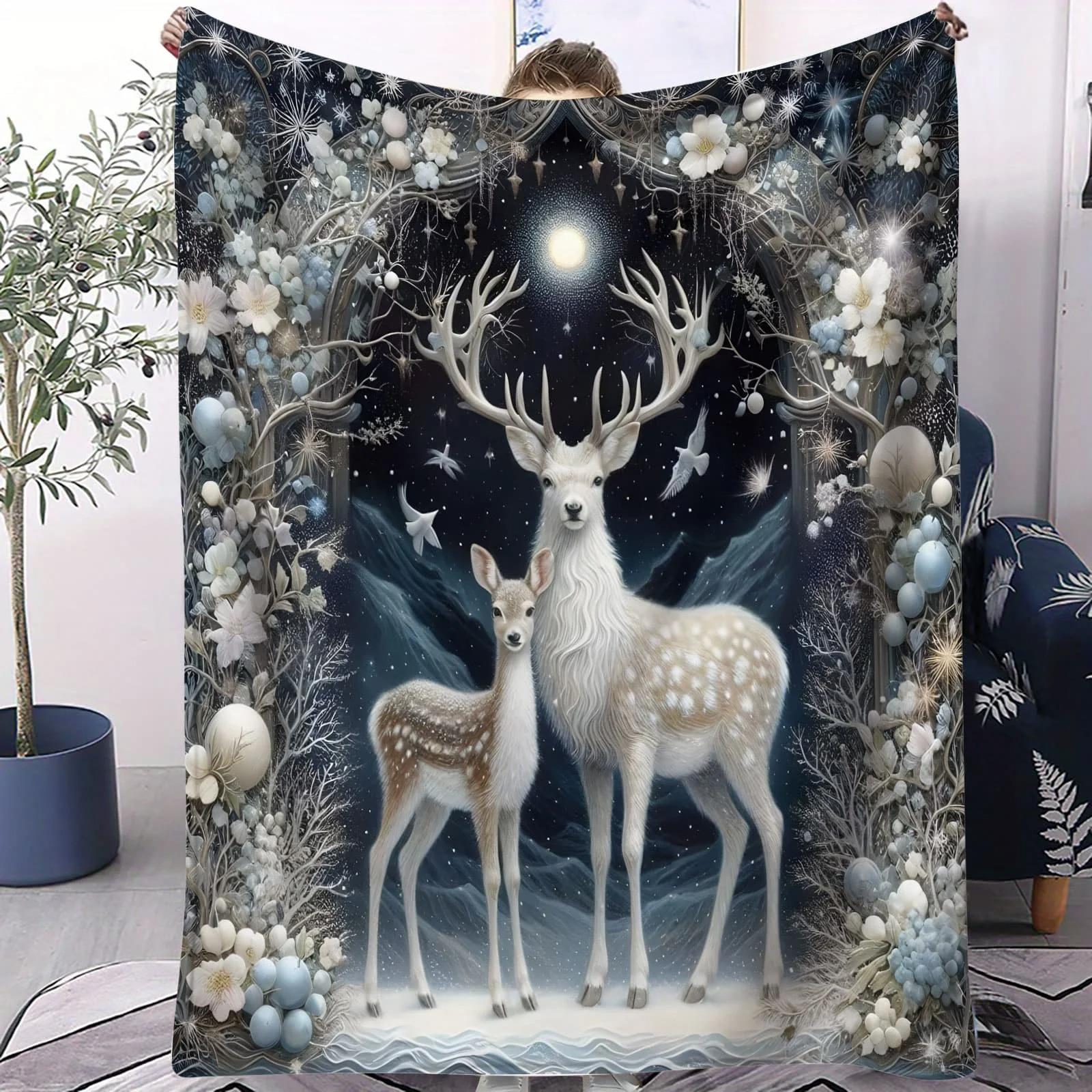 

Elegant Winter Deer & Fawn Blanket - Enchanting & Serene Throw for Living Room Bed Nature Lovers Ideal for Decor & Gifting 70x100cm білий