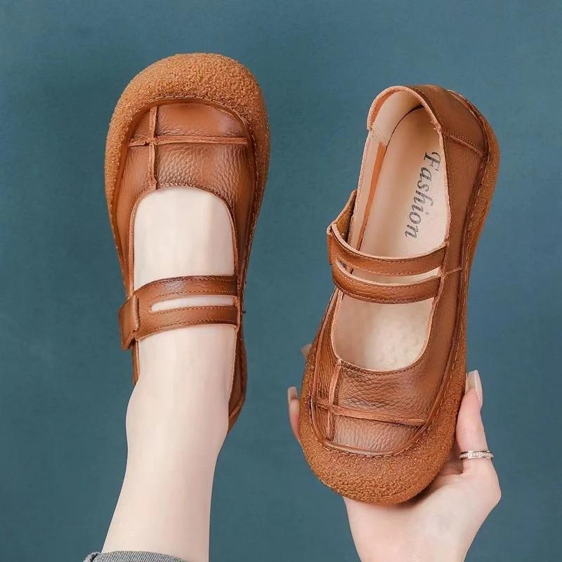 Summer New Genuine Leather Cowhide Breathable and Comfortable Retro Hollow Middle and Old Age Thick Sole Sandals Mom's Shoes