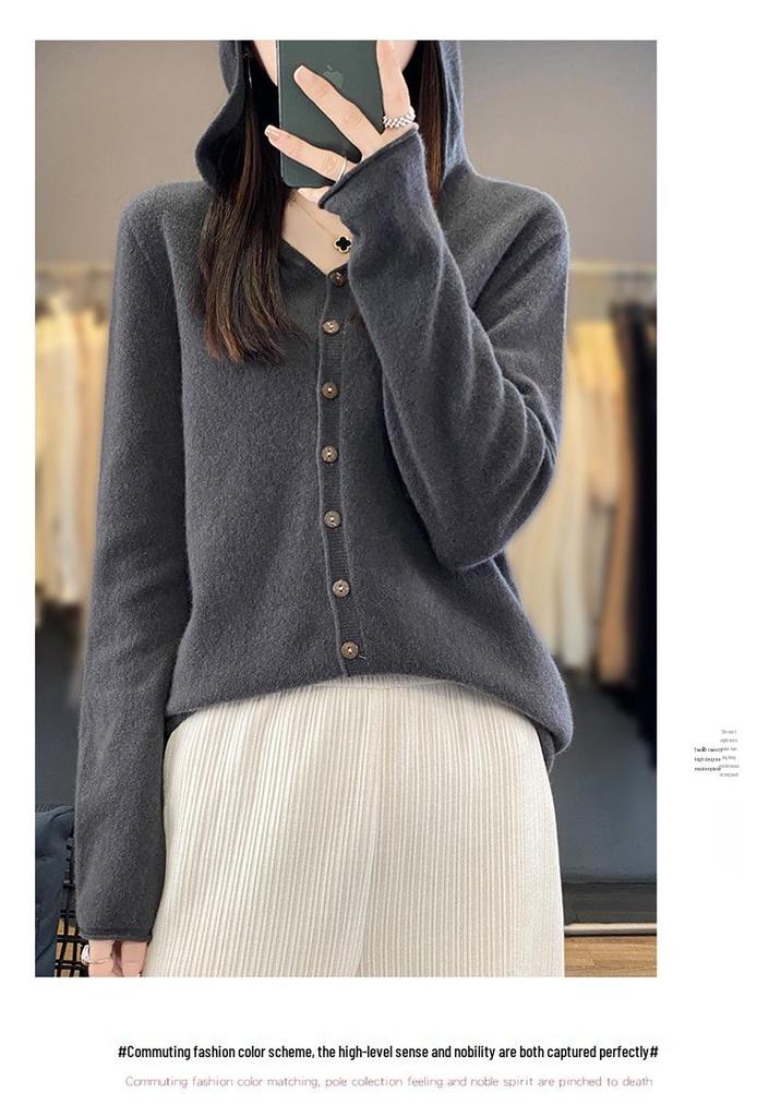 Women's Fashionable Pure Wool Cashmere Hoodie Cardigan - Autumn/Winter Knitwear Long Sleeve Loose Sweater.