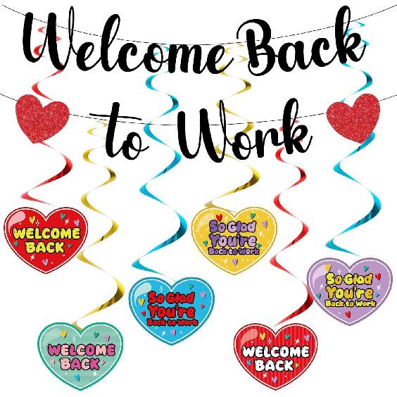 Welcome Back To Work Decoration Banner So Glad You re Back To Work Banner and Hanging Swirls for Office Party Supplies