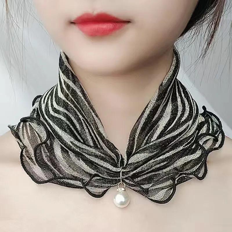 Neck Collar Print Shiny Variety Loop Scarf Ruffle Lace Scarf Pearl Pendant Organza Chiffon Scarves Bandana Headband