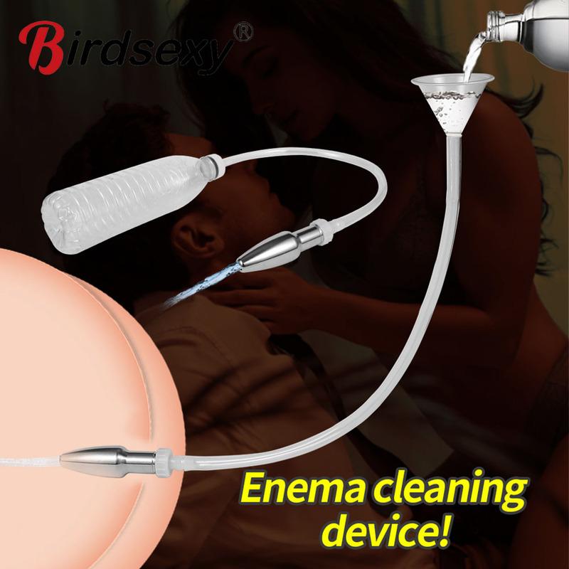 Metal Anal Plug Funnel Mineral Water Bottle Dual use Flushing Anal Vagina Cleaning Enema Machine Washing Sex Toys For Women Men