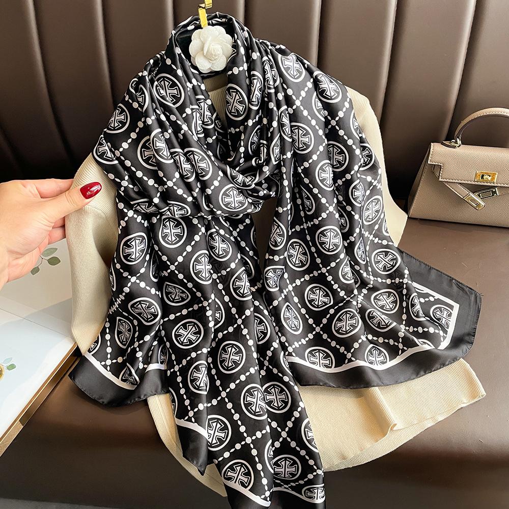 New silk scarf new silk satin printed shawl holiday fashion sunscreen long section simulation silk scarf