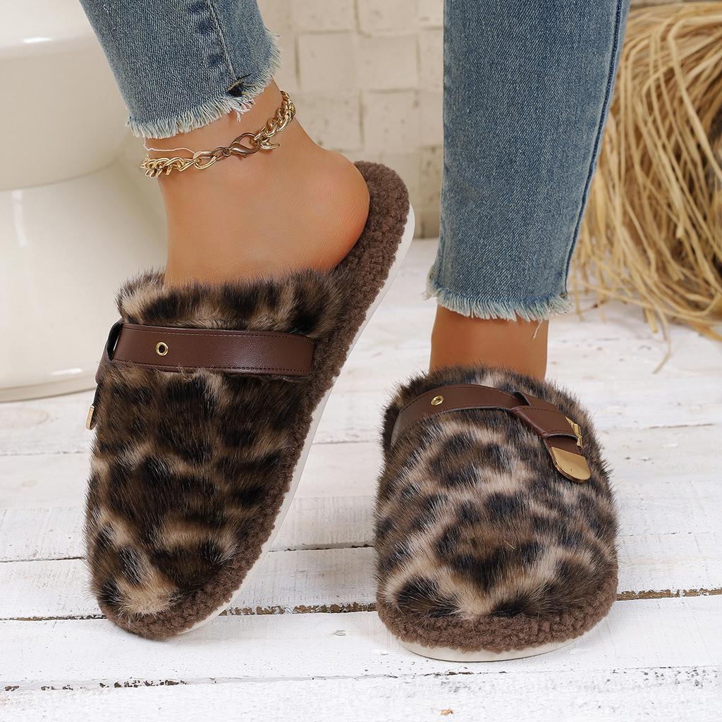 Women Thick Bottom Fur Slippers  Leopard Pattern Slides Women New Popular Head Cover Cotton Shoes Autumn Winter Outdoor Slippers