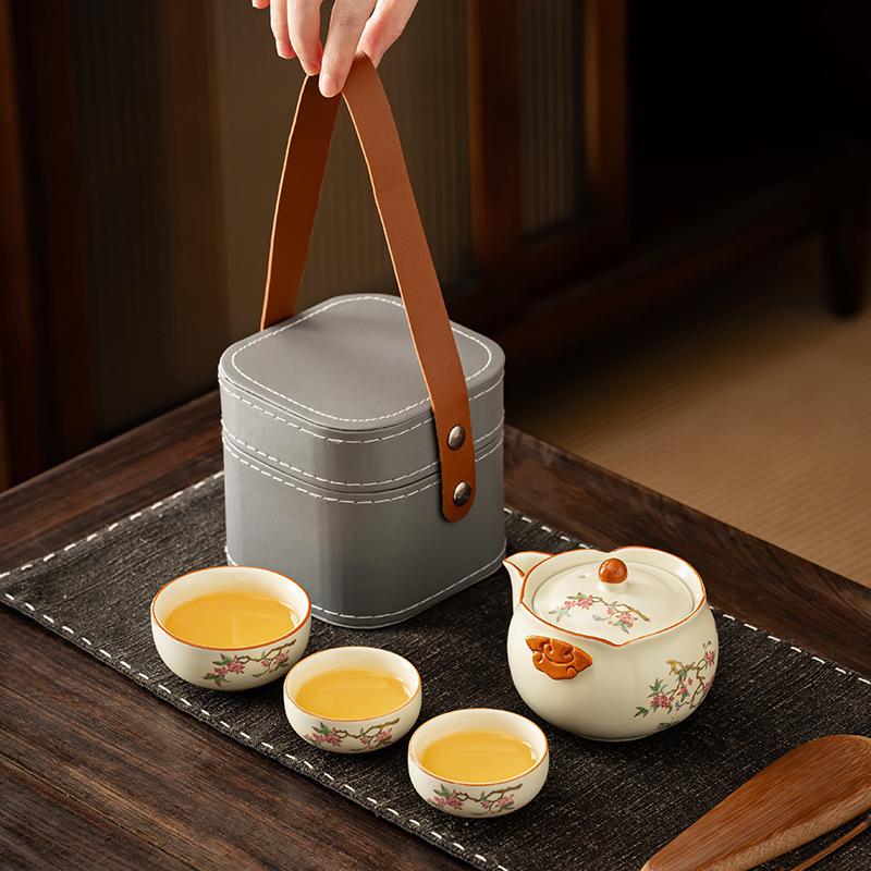 Simple leather bag set, Ru kiln fresh wisteria flower tea ware, high-end sense of business trip, Kung Fu portable express cup can be customized