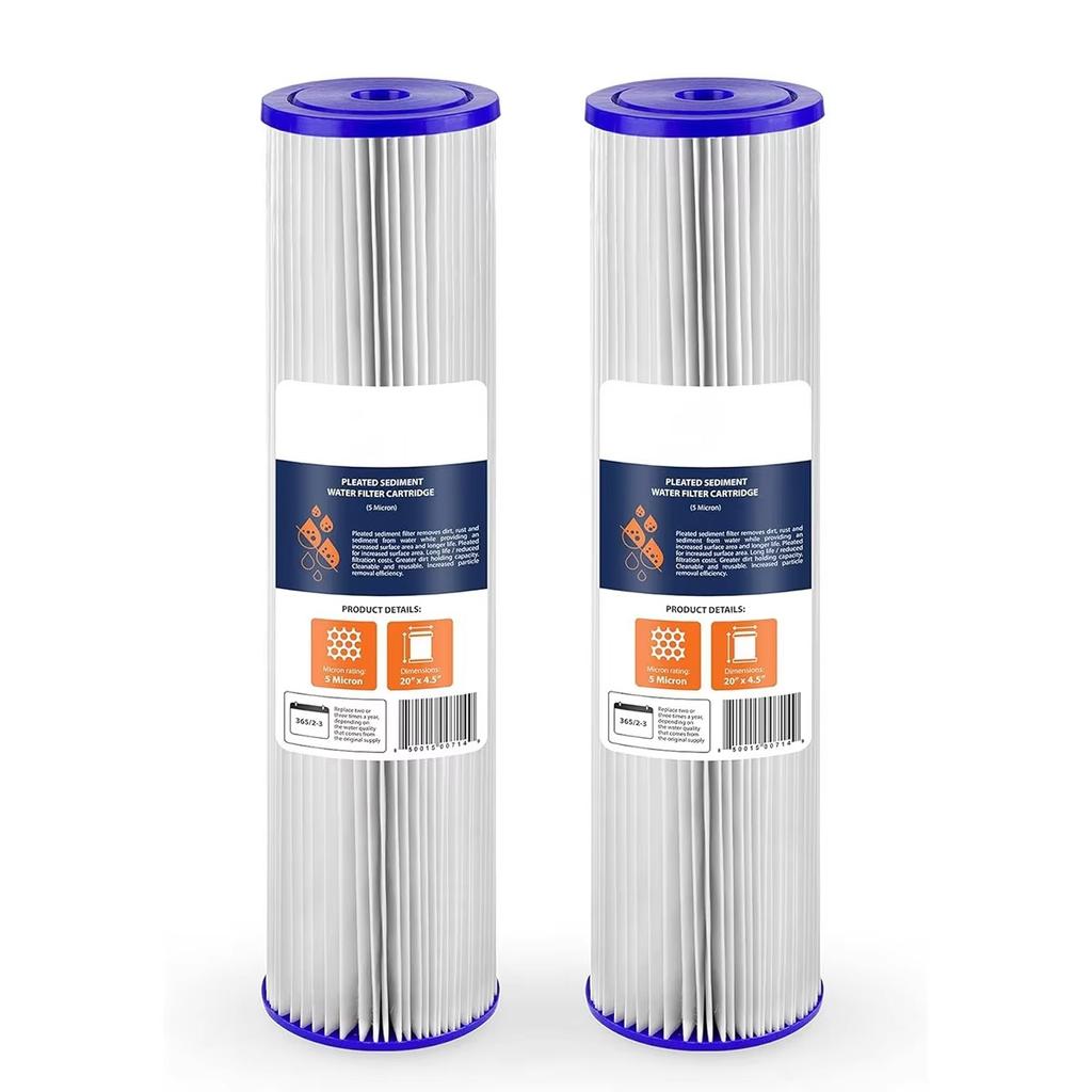 2 Τεμάχια Φίλτρο Νερού Κασέτα για ECP5-20BB, SPC-45-2005 W5CPHD,CP5-BB, 20 ιντσών Πτυχωτό Φίλτρο Ιζημάτων Νερού για Όλο το Σπίτι 5 Micron