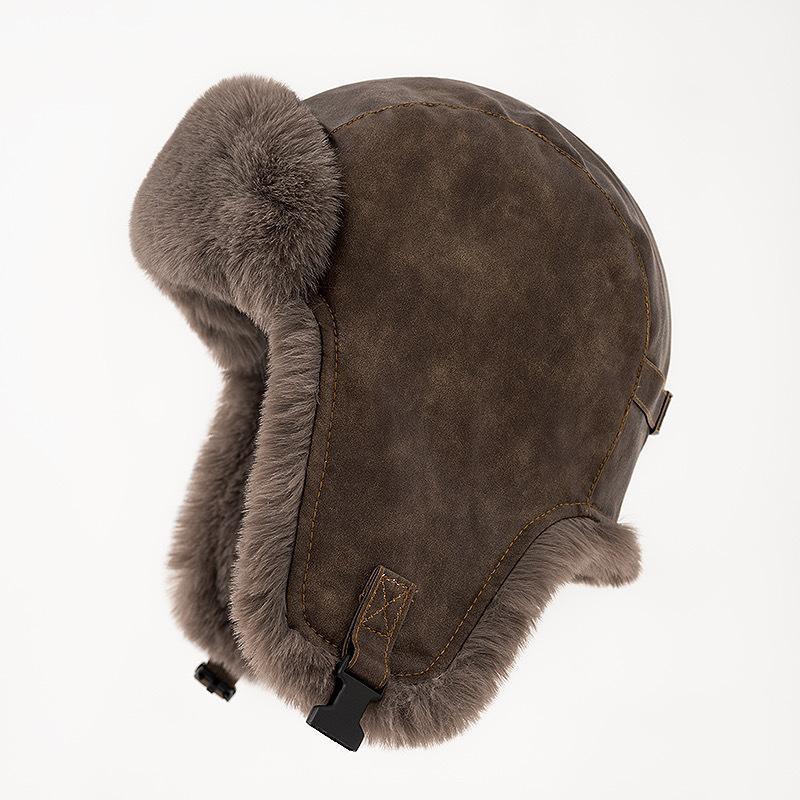 Leather Hat Lei Feng Hat Men Winter Thickened Pilot Warm Hat Women Northeast Windproof Cold Riding Headphones Bike Hat