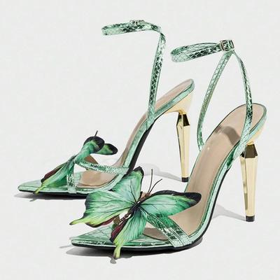 Modische grüne Schmetterlingsverzierung Design Absatzsandalen Damenmode Spitz Zehenknöchel Schnalle Markendesigner Schuh Sexy Partykleid Schuh