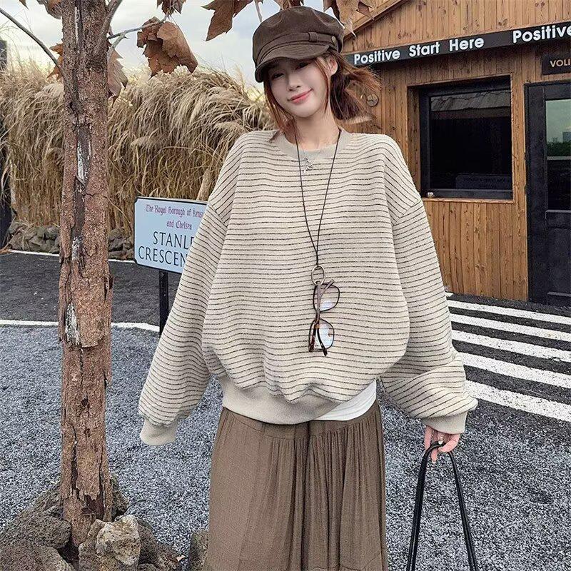 

Unisex Striped Round Neck Long Sleeve Slimming Hoodie - 2025 Casual Loose Fit Top L хакі
