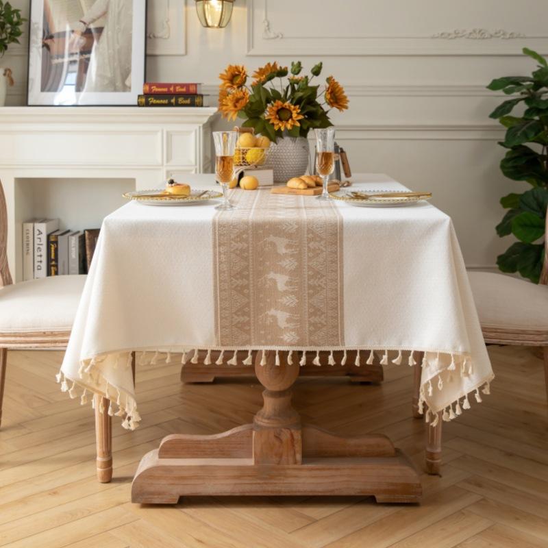 Christmas Deer Tablecloth Cotton And Linen Art Table Cloth Light Luxury High-End Rectangular Tablecloth Fringed Cover Towel
