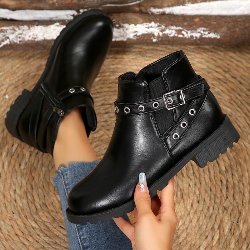 Fashion Sexy Metal Buckle Decoration Chelsea Boots Women 2025 Autumn Round Toe Medium Heel Side Zip Ankle Boots Solid Black Booties