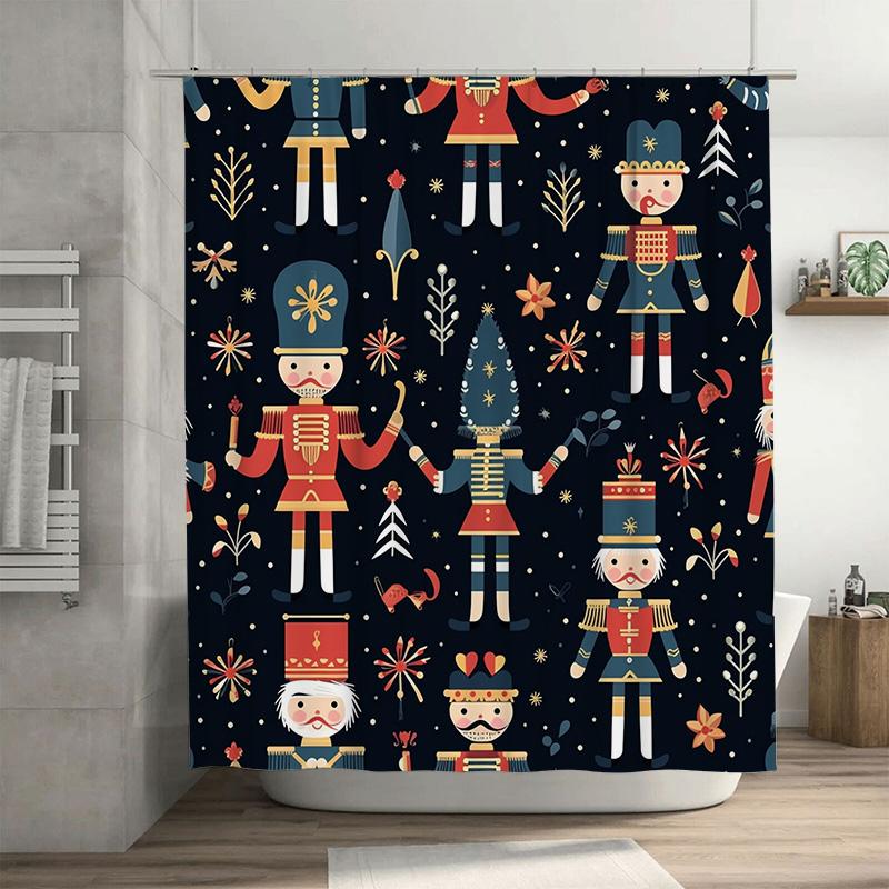 

Black Background Nutcracker Shower Curtain, Multi-Colored Soldier Collection With Stars And Snowflakes For Magical Christmas W60H190(CM)-1 Pcs