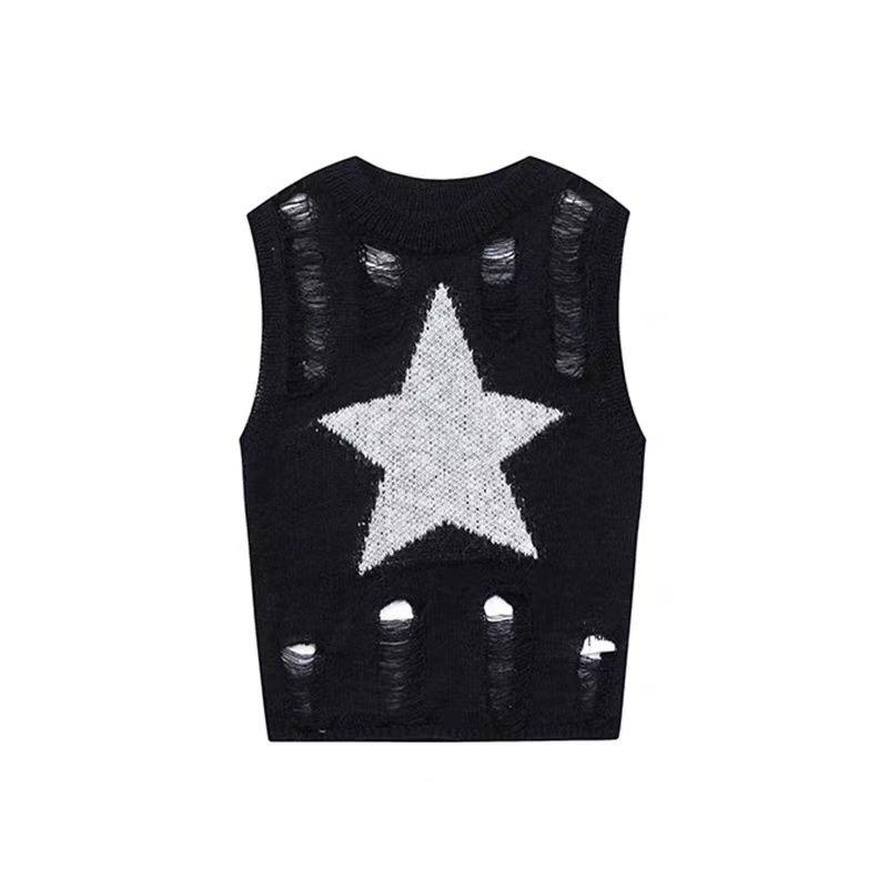 Fashion Sleeveless Sexy Women Ripped Design Shirt O-neck Loose Casual Hollow Out New Casual O Neck Vest Slim Fit Knitted Hole Star TopsY2k Tank Top