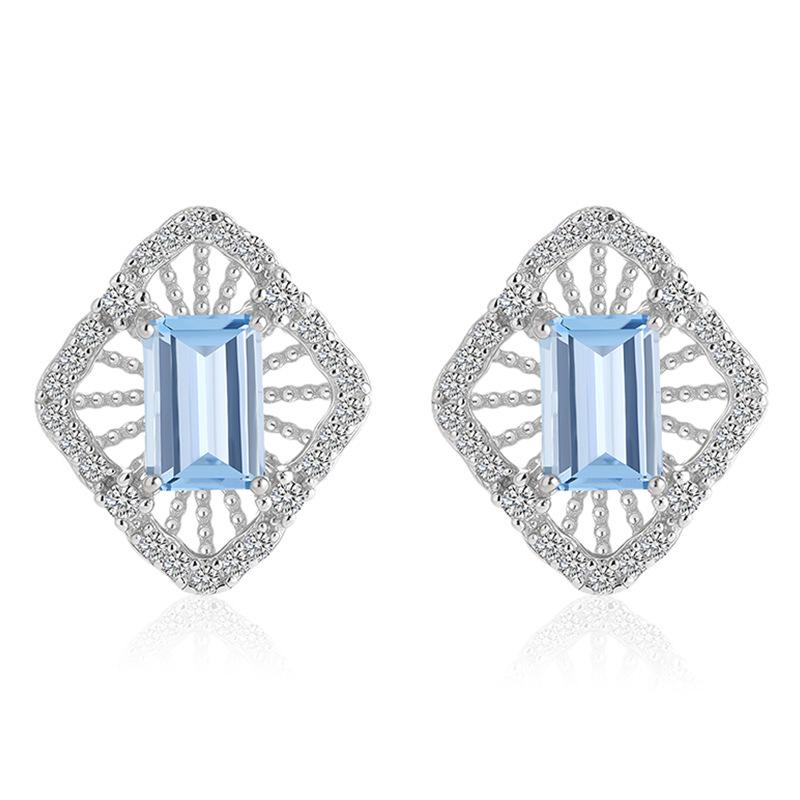 S925 Silver Stud Earrings with Natural Crystal/Topaz, Hollow Geometric Jewelry for Women