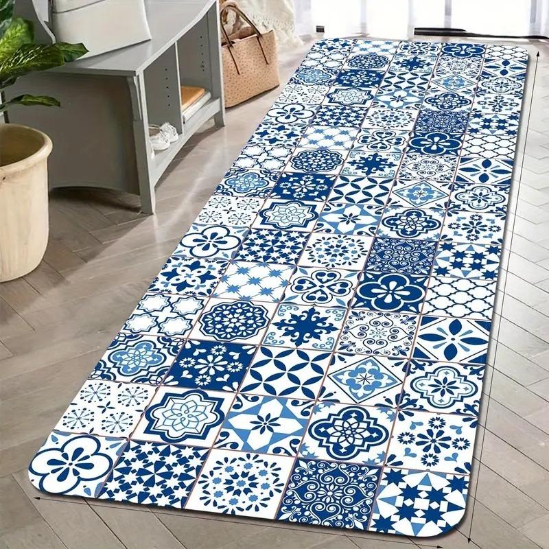 Tapis de Sol de Cuisine Moderne en Carrelage Céramique Bleu Décoration Couloir de Cuisine Balcon Tapis Tapis de Buanderie Salle de Bain Tapis de Porte Antidérapant Décoration