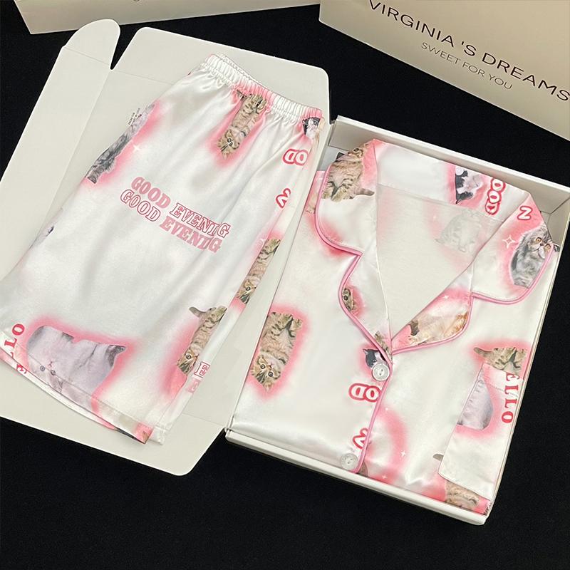 Summer New Ladies Sweet Satin Silk Floral Printed Pajamas Set Short Sleeve+Pants Women Cute Homewear Casual Wear