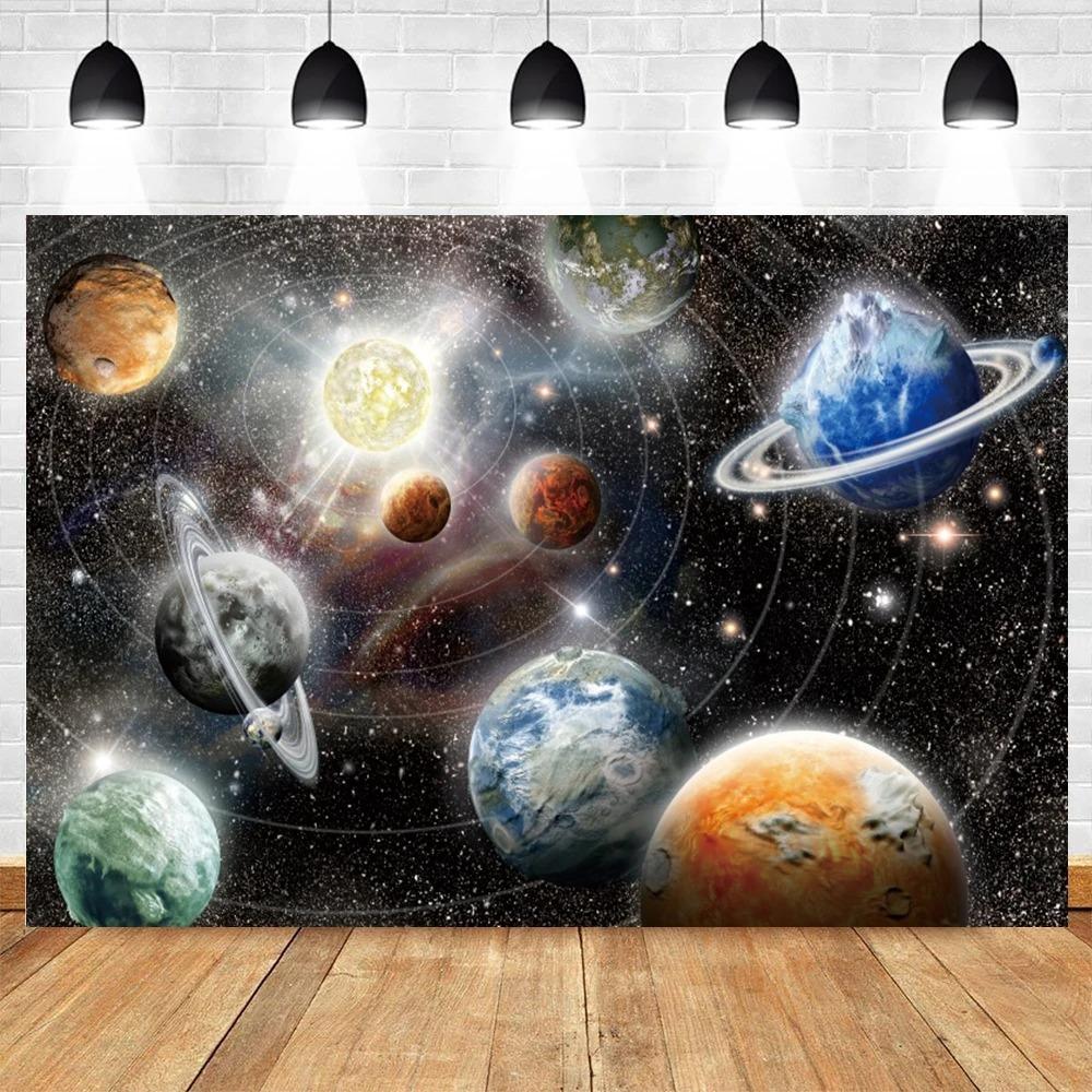 Happy Birthday Party Decor Outer Space Photography Background Custom Astronaut Rocket Galaxy Planet Photo Kids Gift Baby Shower