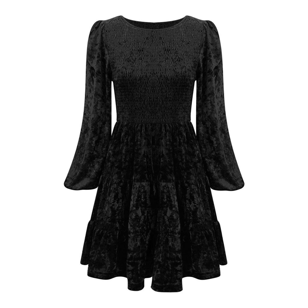 Damen Samtkleid Party Party Langarm A-Linie Layup Freizeitkleid
