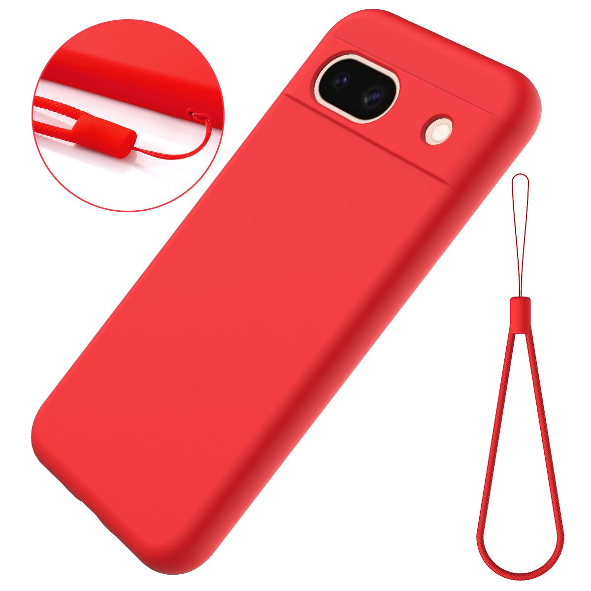 

For Google Pixel 8a Cell Phone Case Soft Lining Scratch-proof Liquid Silicone Cover with Strap Red