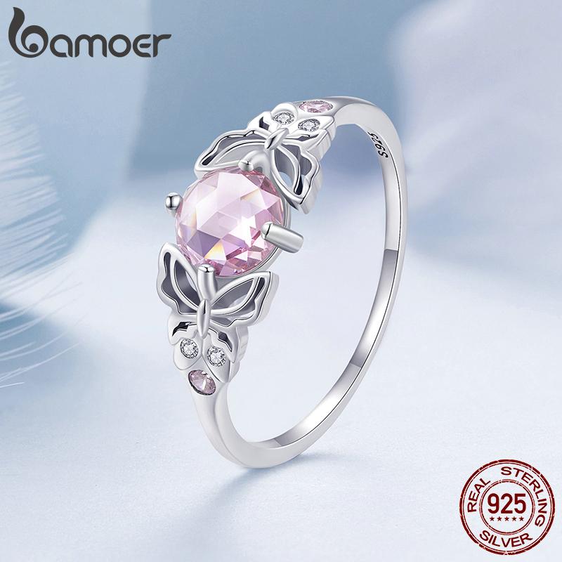 

BAMOER кольцо из стерлингового серебра 925 пробы с розовым камнем и ажурным кольцом на палец в виде бабочки с кубическим цирконием для женщин, подарок на день рождения, ювелирные изделия 8
