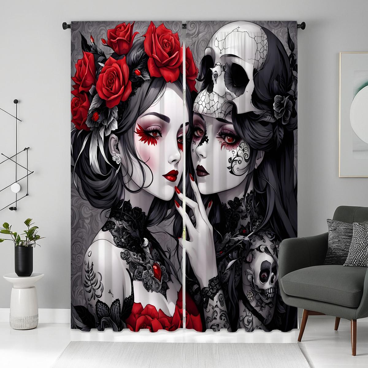 

2 шт. HD Призрачный красный глаз Череп красота декоративная занавеска черный галстук цифровая печать занавеска украшение для дома стиль украшения W52H63inchW132H160cm