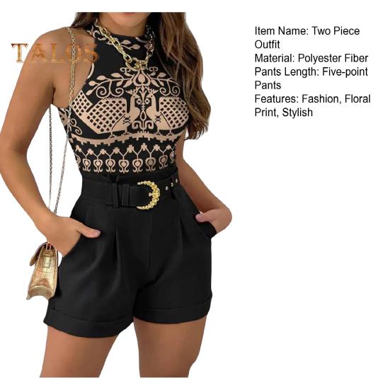 Women Two Piece Short Set Sleeveless Round Neck Vest Top High Waisted Shorts Set with Waist Belt Summer Floral Print Outfit