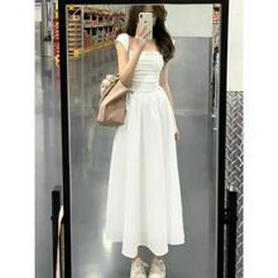 Damklänning 2025 Fransk Blå Blommig Spagettistropp Maxi - Sommar Midjesmalnande High-End Stil