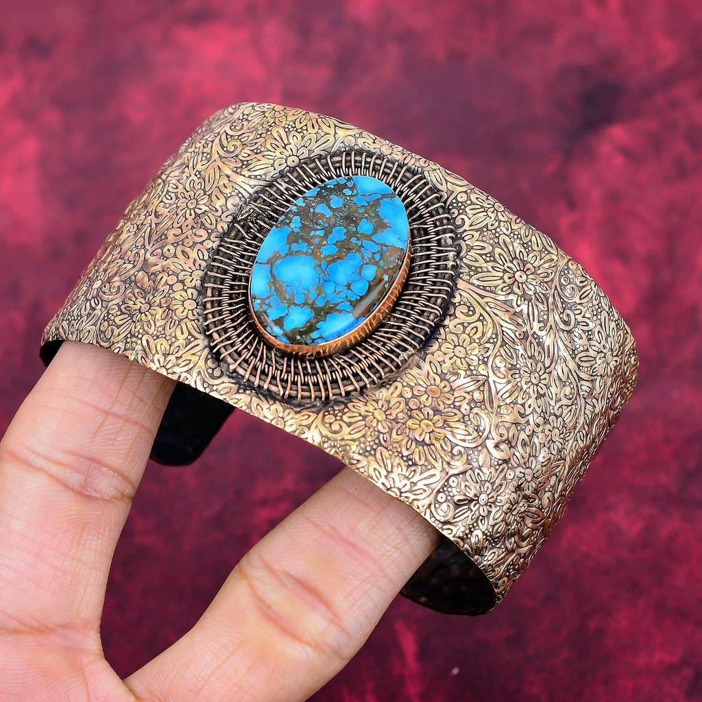 Tibetan turquoise gemstone cuff bracelet copper wire wrapped bangle adjustable bangle handmade copper jewelry gifts for mom brand new bangle