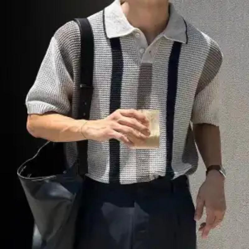 Summer Men's Color Block Striped Knitted Polo Shirt Short Sleeve Lapel Casual Daily Wear Tee