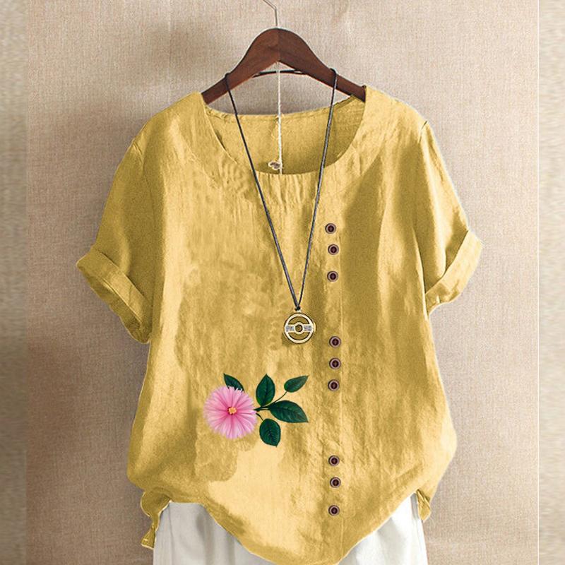 Damen T-Shirt mit Rundhalsausschnitt, kurzärmelig, Blumenmuster, Leinenhemd, Sommer, lässig, Übergröße