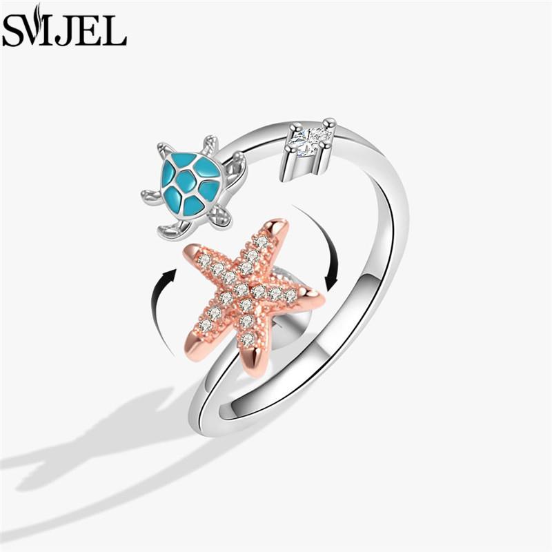 Luxury Anti Stress Anxiety Rings Fidget Spinner Ring Adjustable for Women Cute Flower Cat Starfish Ring Rotating Freely Jewelry