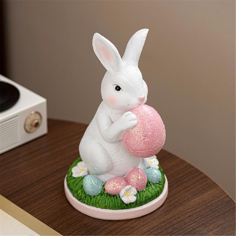Handcrafts Resins Easters Bunnies Holding Eggs Decoration Cute Rabbit Figurine with Lawn Base for Home and Office Decors