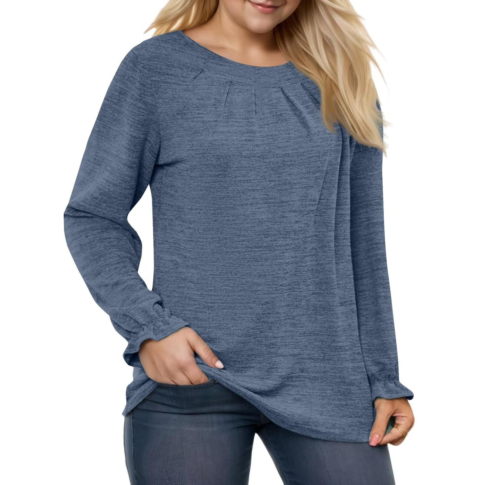 

Женская мода повседневный длинный рукав плиссированный круглый вырез пуловер большой размер топ XXXXXL синий