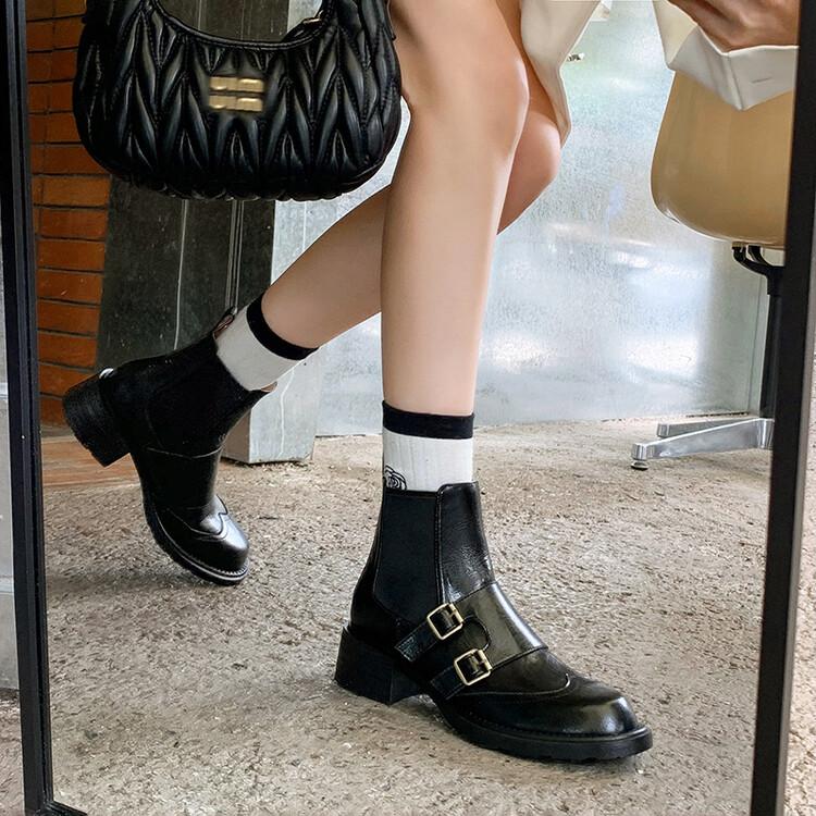 Fashion New Autumn Winter Split Leather Women Boots Chelsea Boots for Women Belt Buckle Round Toe Chunky Heel Ladies Shoes Zapatos Mujer