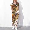 Women Plus Size Cartoon Excavator Printed Scrub Set Cutout Neck Short Sleeve Pocket Top Long Pants Two Piece