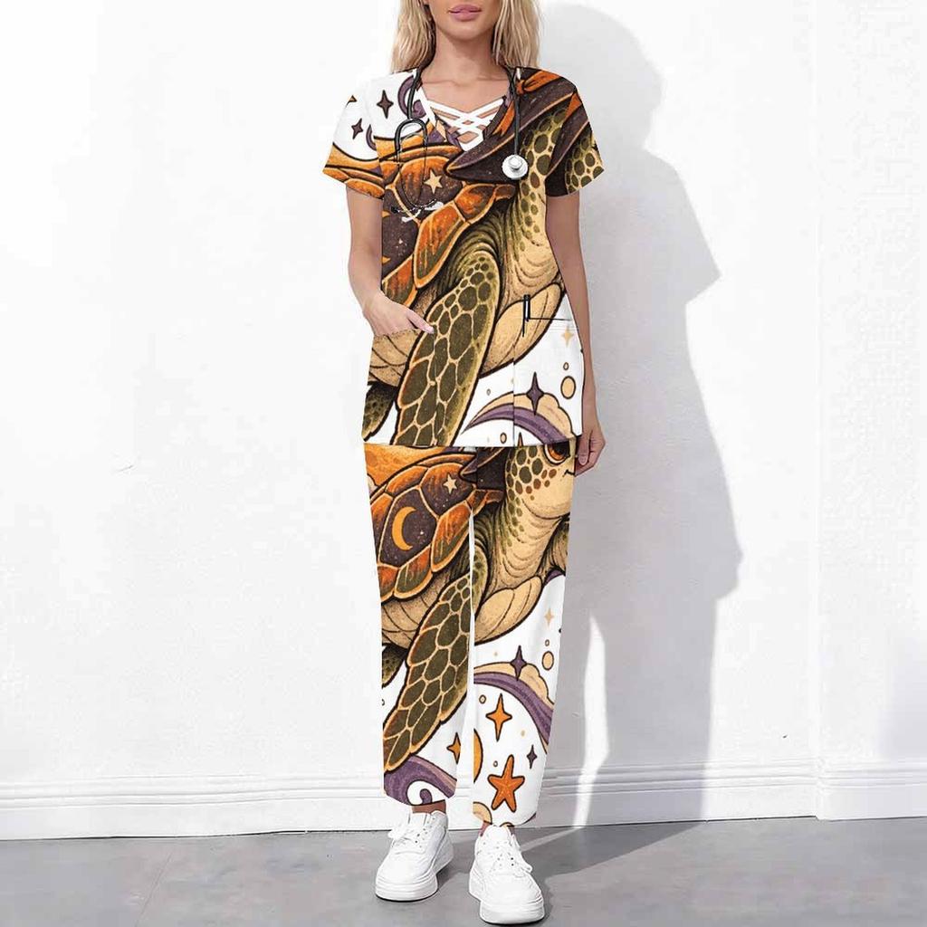Women Plus Size Cartoon Excavator Printed Scrub Set Cutout Neck Short Sleeve Pocket Top Long Pants Two Piece