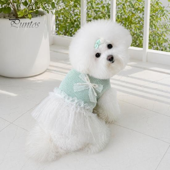Breathable Dog Clothing Knitted Sleeveless Dress, White Tutu Puppy Princess Cute Girl Dress Pet for Summer with Lace Faux Pearl Bow, Female Small Dogs