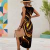 Women Plus Size U Neck Sleeveless Abstract Printed Dress Red Black High Side Slit Curved Hem
