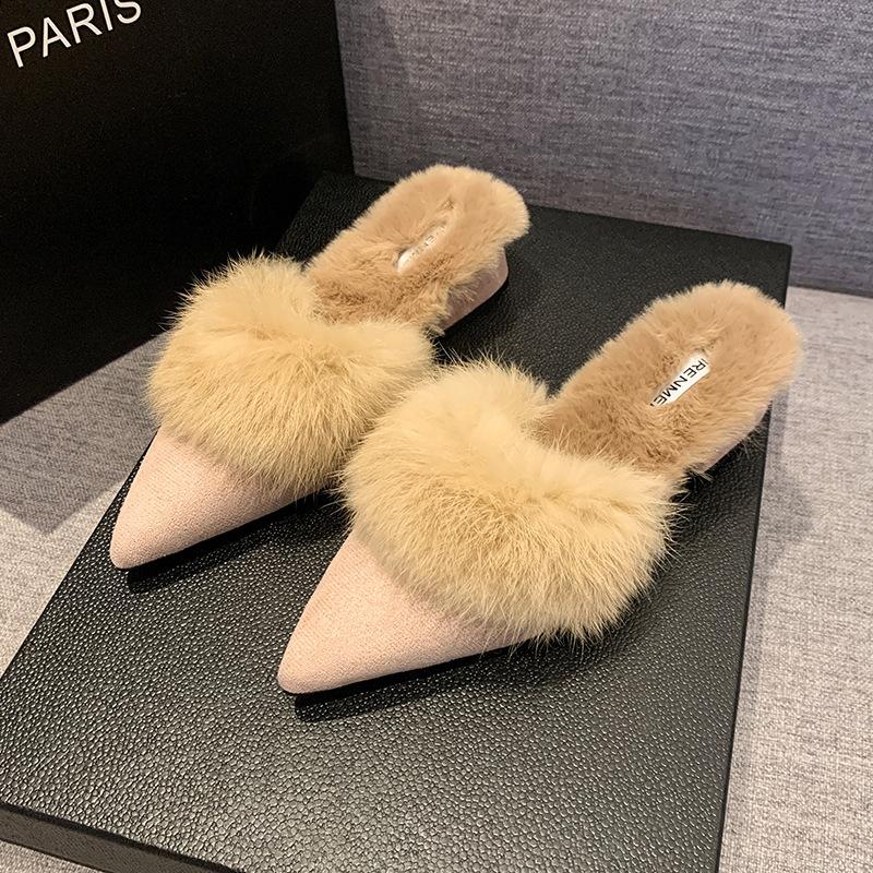 Autumn and winter new Korean version of fashion pointed toe foot thick high heel fashion casual large size women's plush cotton slippers