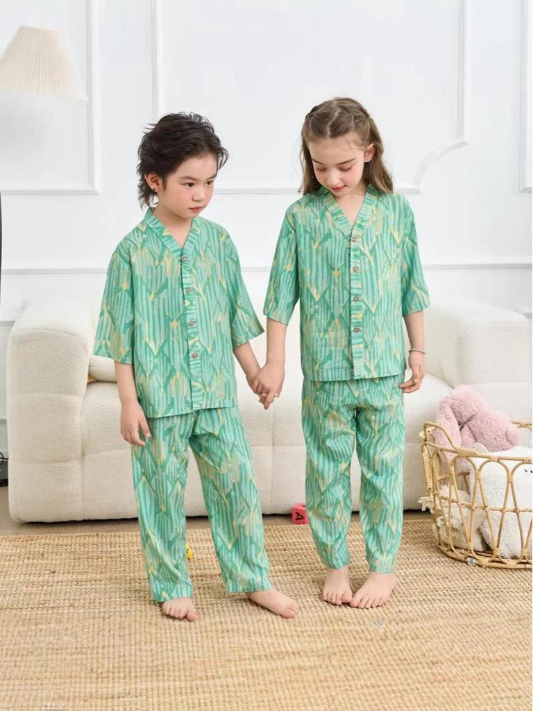 Children's Cotton Silk Pajama Set - Medium Sleeve, Long Pants, Cartoon Print, Thin, for Boys, Girls, and Babies.