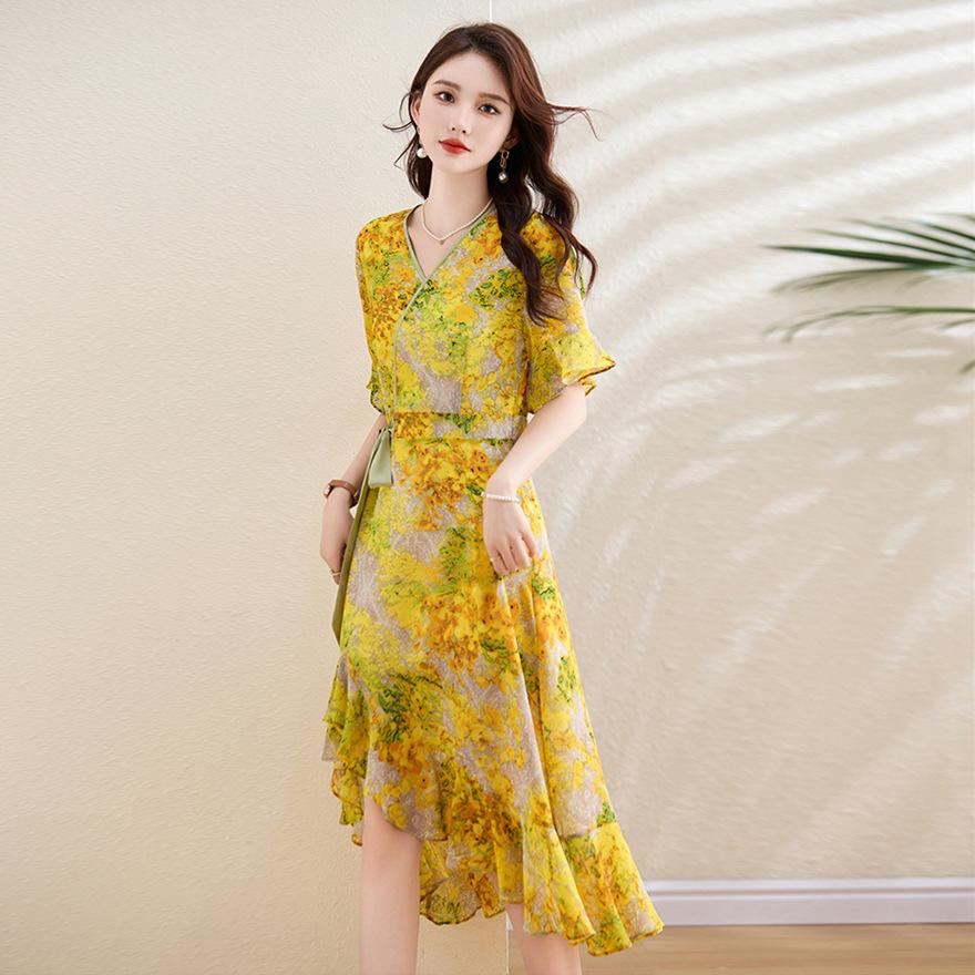 

Модное цветочное платье с оборками для женского лета, дизайн в стиле маленького человека, отпуск, пляж, юбка-рыбий хвост 3XL жёлтый