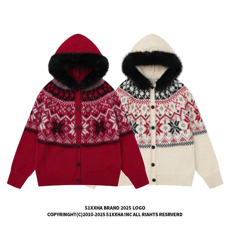 51 Hip-Hop Fair Isle Snowflake Fur Collar Red Sweater Cardigan Unisex Winter Thick Lazy Hooded Knitted Jacket