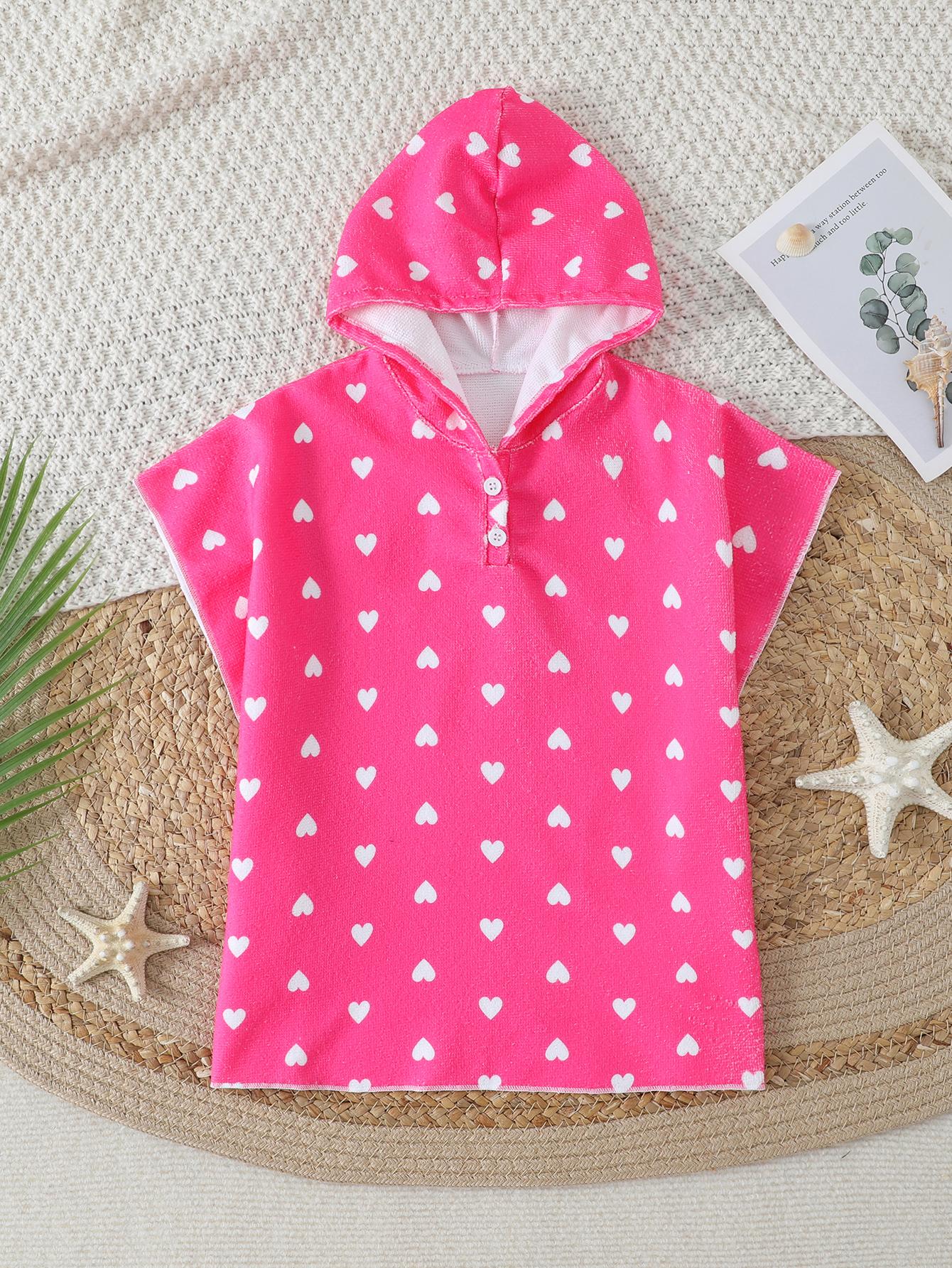 Quick Dry Love Heart Print Hooded Changing Towel Children Swim Robe for Beach One Size розовый