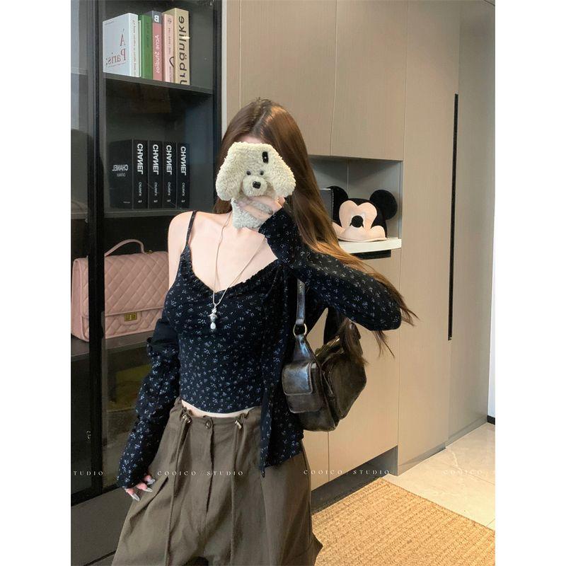 

Кумикуми Дизайнерское Чувство Кофейный Цвет Цветочный Кардиган Верхняя Одежда Женская одежда Осень Накидка Слим Жилет Слинг Комплект из двух предметов Black Two-piece set L