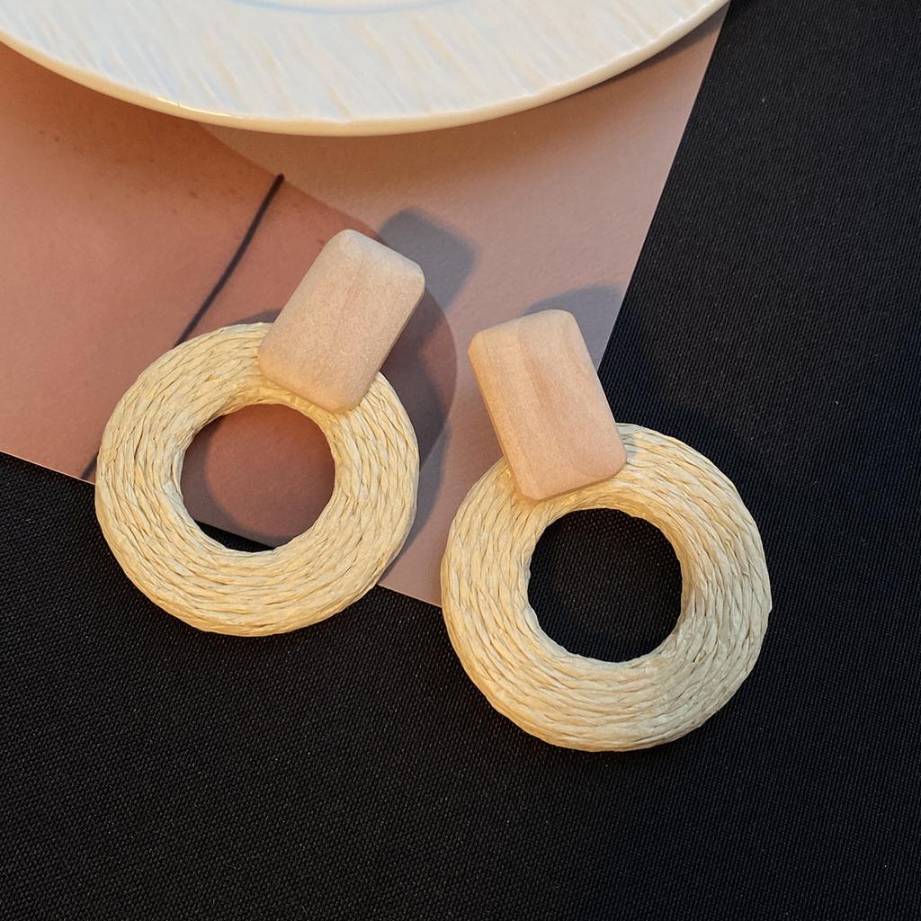 Seaside Travel Vacation Bohemian Wood Stud Earrings Handmade Rattan High-End Retro Personality Niche Earrings
