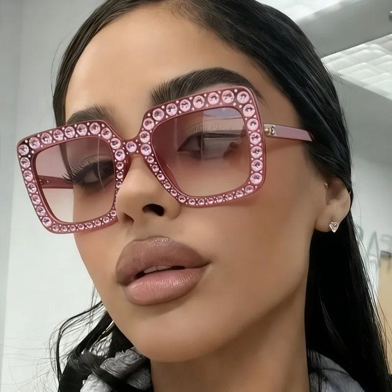 Retro Crystal Diamond Sunglasses Oversized Big Square Sunglasses Unisex European American Fashion Rhinestone Eyewear Glasses