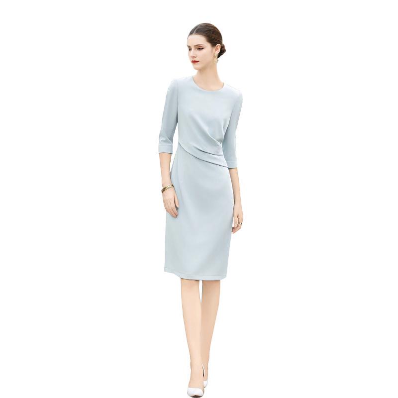 Spring/Summer Light Blue Professional Round Neck Seven-Sleeve Formal Dress for Women
