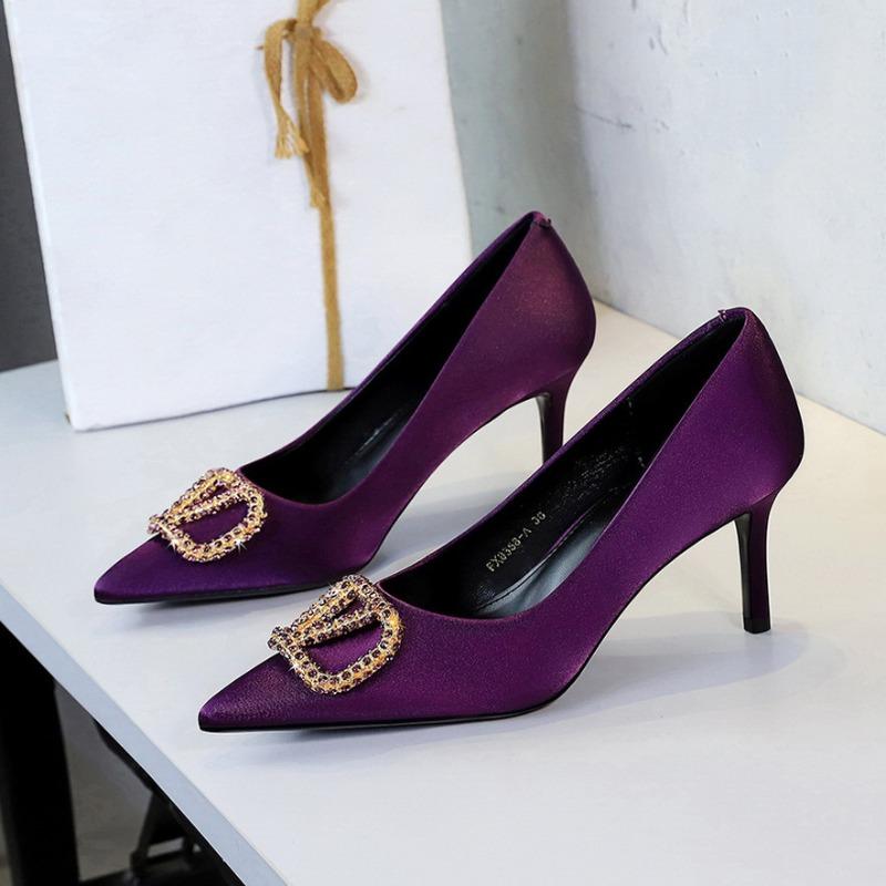 Fashion High Heels Women Silk Shoes Pointed Toe Elegant Ladies Party Shoes Brand Black Purple Thin Heel 8cm