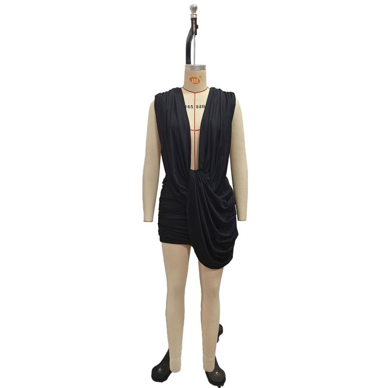 Women S Sexy Deep V Neck Pleated Bodycon Mini Solid Color Dress