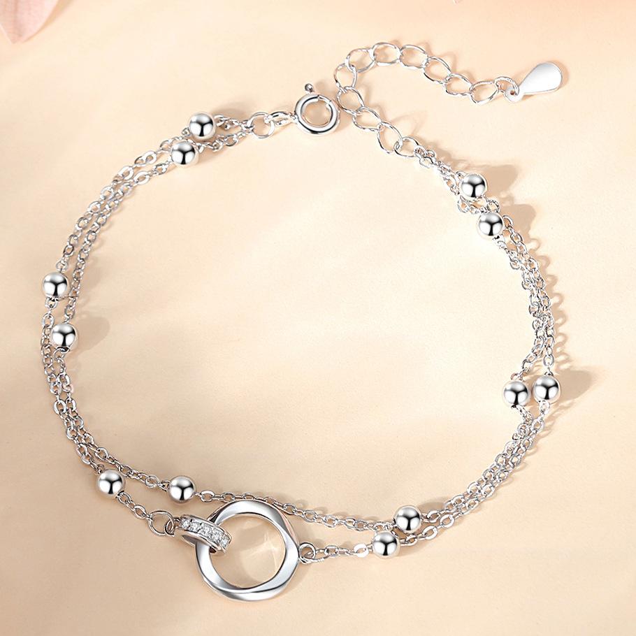 S925 Silver Möbius Ring Ball Bead Bracelet Double Ring Korean Style Small Fresh Romantic Double Layer Bracelet Love Jewelry